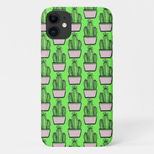 Capa Para iPhone 11 Padrão de Pote Rosa do Cactus Moderno em Verde