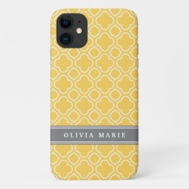 Capa Para iPhone 11 Padrão de Quatrefoil Amarelo na moda com Nome