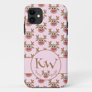 Capa Para iPhone 11 Padrão de Reinador Cónico Rosa Monograma de Natal