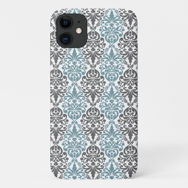 Capa Para iPhone 11 Padrão de rendas da Cinza azul vitoriana do Damask (Verso)