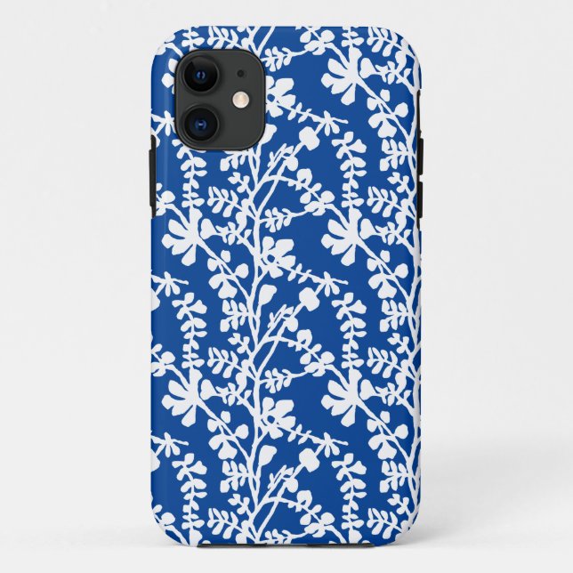 Capa Para iPhone 11 Padrão De Repetição Floral Azul E Branco (Verso)