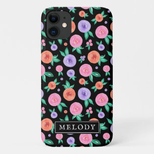 Capa Para iPhone 11 Padrão de Rosa de Aquarela Rosa / Roxo em Preto