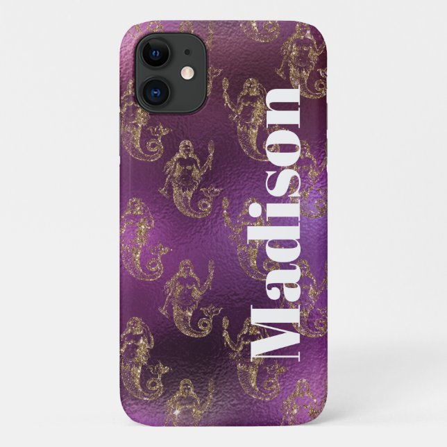Capa Para iPhone 11 Padrão de Sereia Roxo e Dourado com Brilho Falso F (Verso)