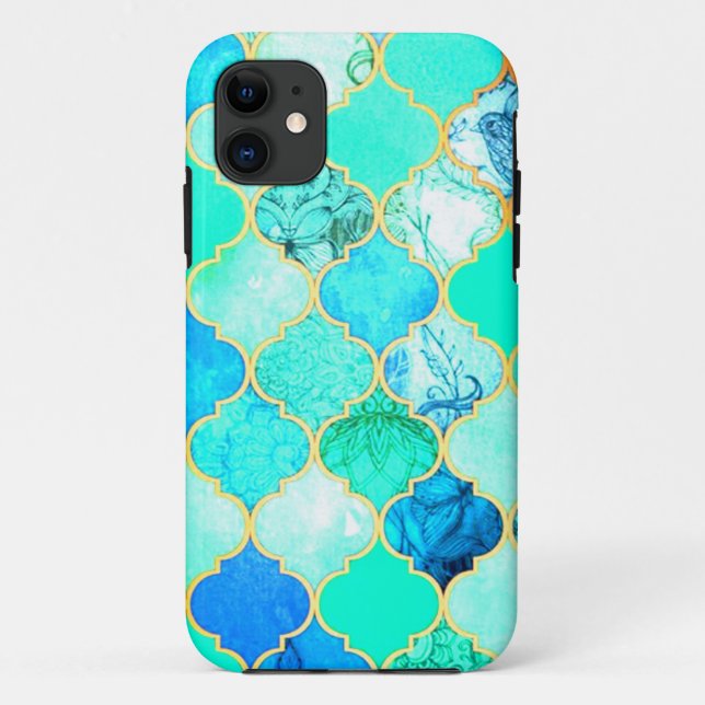 Capa Para iPhone 11 Padrão de Sereia Verde Azul, Teal, Dourado (Verso)