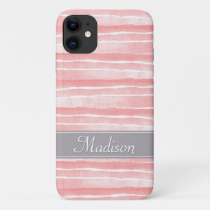 Capa Para iPhone 11 Padrão de Stripes de Aquarela Cor-de-Rosa-Esbranqu