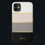 Capa Para iPhone 11 Padrão de Stripes Moderno na moda com Nome<br><div class="desc">Na moda e feminina, esse elegante design apresenta amplas faixas horizontais em creme, rosa, esticado e preto com finas linhas de ouro dividindo as cores das listras. Um modelo de texto é incluído para personalizar com seu nome, iniciais de monograma ou outro texto desejado. Você também pode excluir o texto...</div>