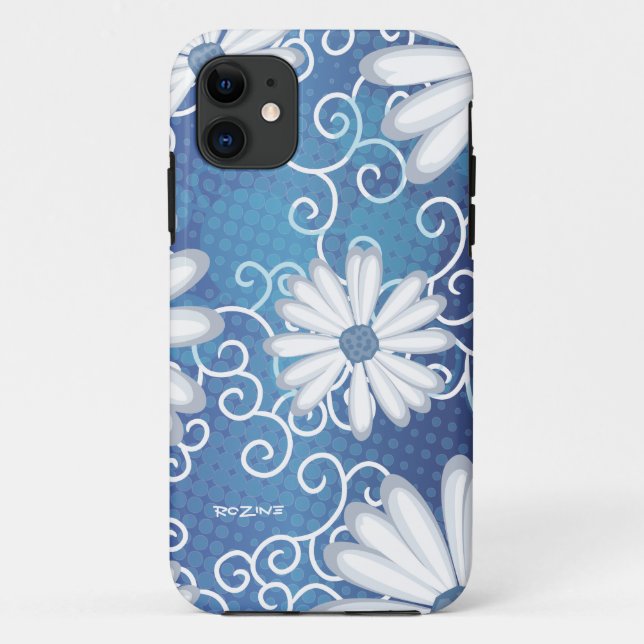Capa Para iPhone 11 Padrão de Tatuagem de Daisy Tribal Floral Azul-Mar (Verso)