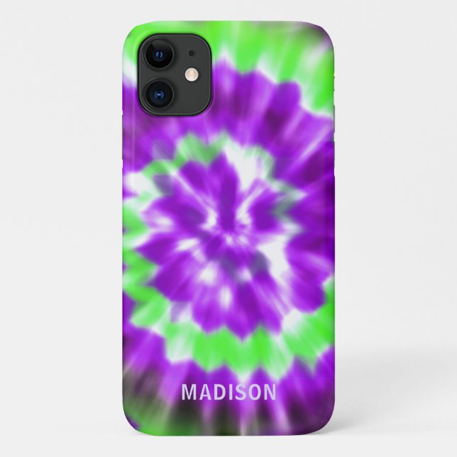 Capa Para iPhone 11 Padrão de Tie Dye Verde Neon Roxo com Nome Persona (Verso)