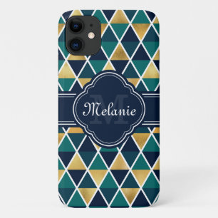 Capa Para iPhone 11 Padrão de Triângulo Geométrico Dourado em Teal 