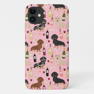 Capa Para iPhone 11 Padrão de vinho do Dachshund rosa