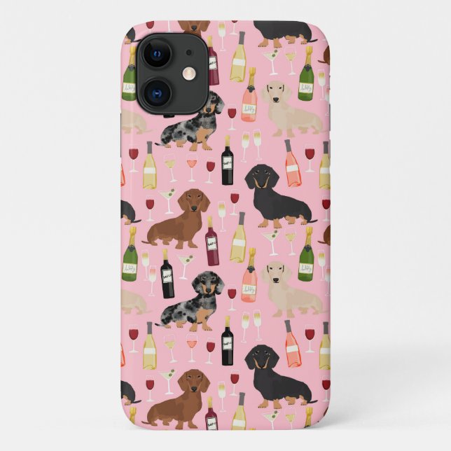 Capa Para iPhone 11 Padrão de vinho do Dachshund rosa (Verso)