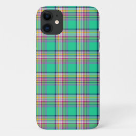 Capa Para iPhone 11 Padrão de Xadrez Cinzenta Verde e Rosa