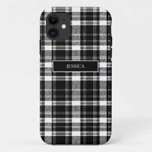 Capa Para iPhone 11 Padrão de Xadrez Preta Personalizado Nome Branco M