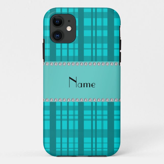 Capa Para iPhone 11 Padrão de xadrez turquesa de nome personalizado (Verso)