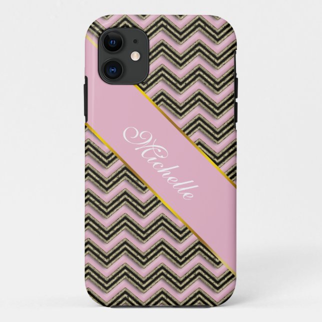 Capa Para iPhone 11 Padrão de ziguezague preto e rosa (Verso)