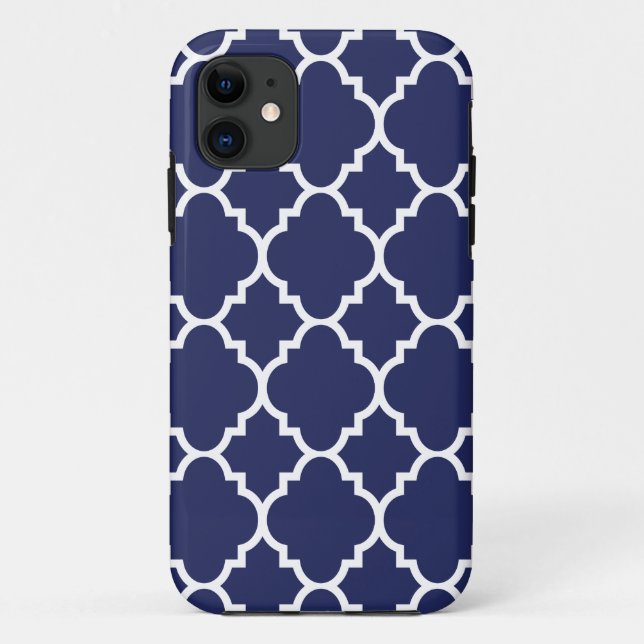 Capa Para iPhone 11 Padrão do Quatrefoil Branco Azul-marinho do Marroc (Verso)