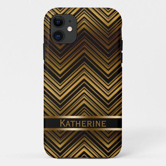 Capa Para iPhone 11 Padrão Dourado Chevron escuro (Verso)