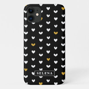 Capa Para iPhone 11 Padrão Dourado de coração branco preto com nome pe