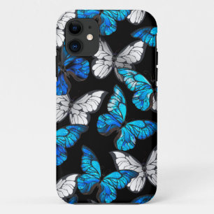 Capa Para iPhone 11 Padrão Escuro Sem Costura com Borboletas Azuis Mor
