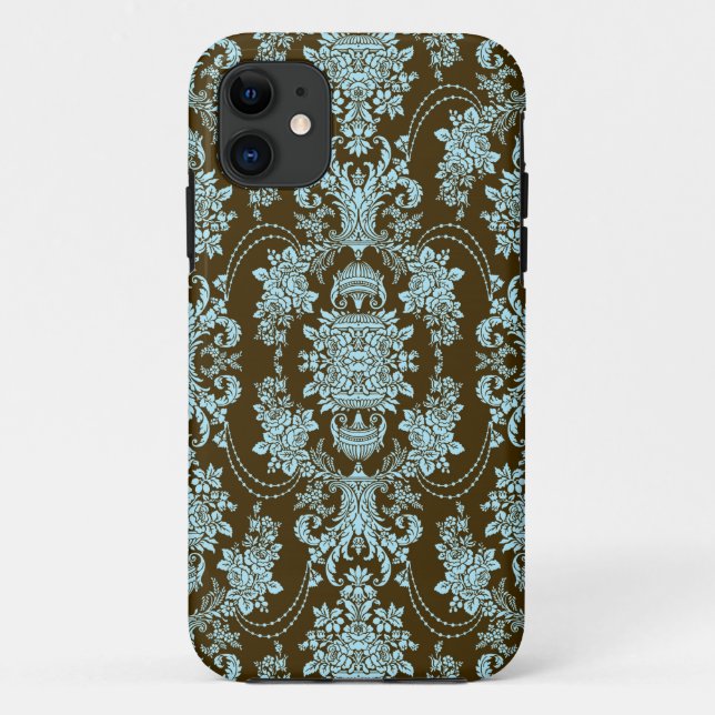 Capa Para iPhone 11 Padrão Floral Barroco Azul E Castanho (Verso)
