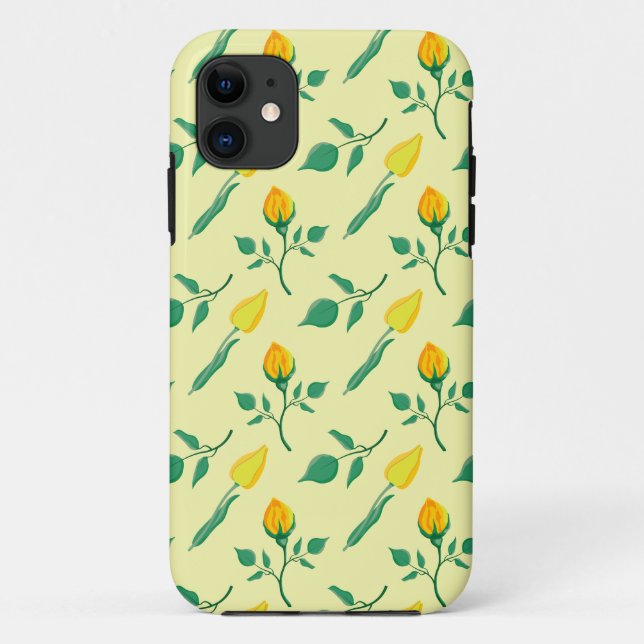 Capa Para iPhone 11 Padrão floral com rosa amarela e flores tulipas (Verso)