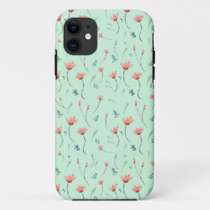 Capa Para iPhone 11 padrão floral cor-de-rosa sobre o verde-menta