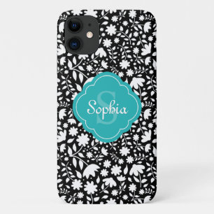 Capa Para iPhone 11 Padrão Floral Preto Quatrefoil Monograma Teal