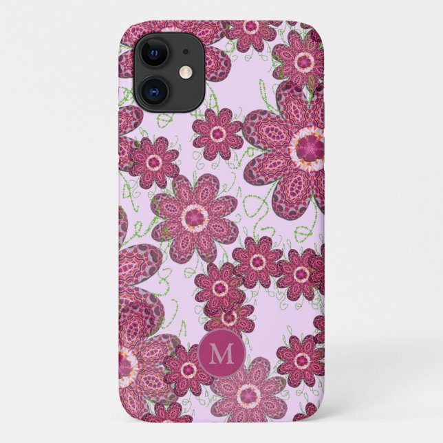 Capa Para iPhone 11 Padrão Floral Roxo Bonito Monograma (Verso)