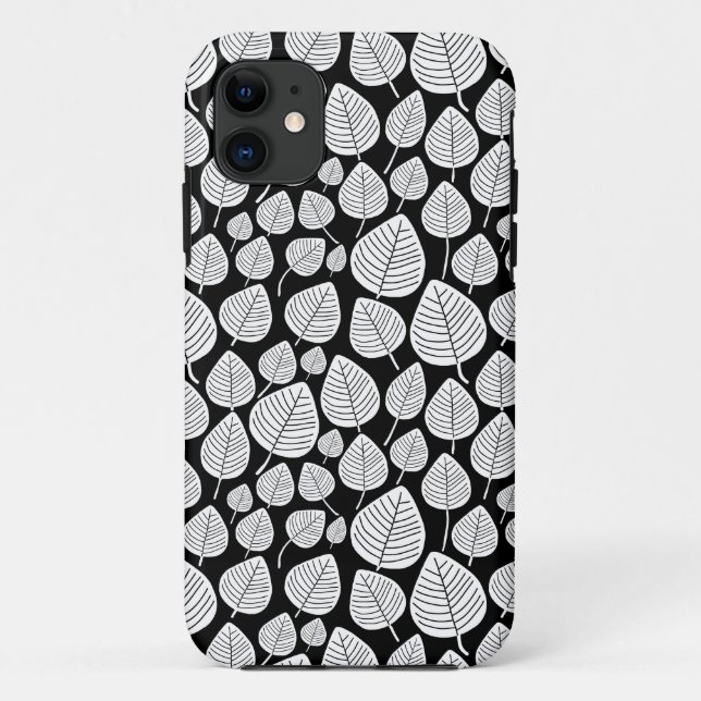 Capa Para iPhone 11 Padrão Folha 02 - Branco sobre Preto (Verso)