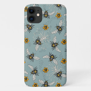 Capa Para iPhone 11 Padrão francês Blue Honeybee and Flowers