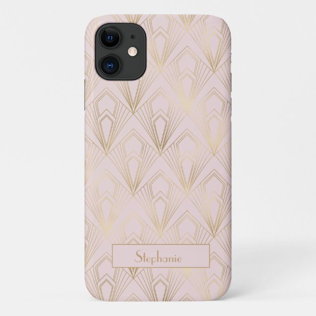 Capa Para iPhone 11 Padrão Geométrico Art Déco em Ouro e Rosa Claro (Verso)