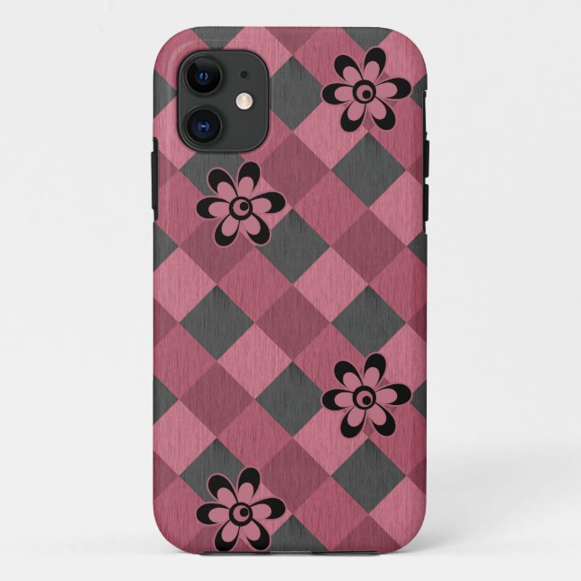 Capa Para iPhone 11 Padrão geométrico rosa-cinza com flores (Verso)