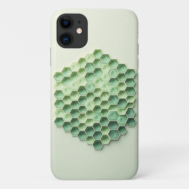 Capa Para iPhone 11 Padrão Moderno de Mel de Geometria Verde - Hexa 3D (Verso)