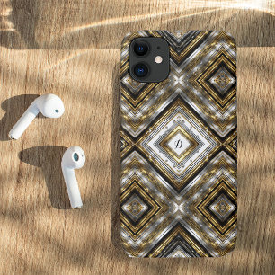 Capa Para iPhone 11 Padrão moderno em prata, ouro e preto, monograma