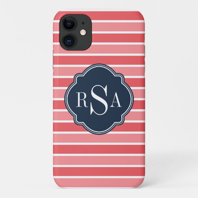 Capa Para iPhone 11 Padrão Monograma Trio Watermelon Pink Stripes (Verso)