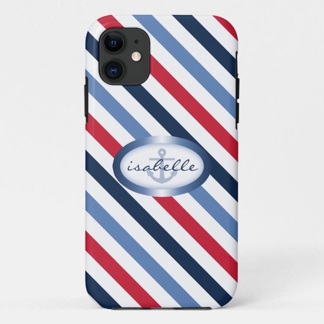 Capa Para iPhone 11 Padrão Náutico Personalizado de Stripe e Âncora (Verso)