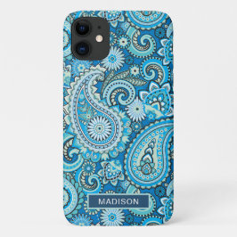 Capa Para iPhone 11 Padrão Paisley Azul Moderno Nome Personalizado