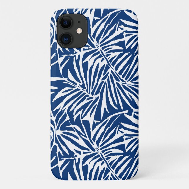 Capa Para iPhone 11 Padrão Repetitivo De Folha Tropical Branca E Azul (Verso)