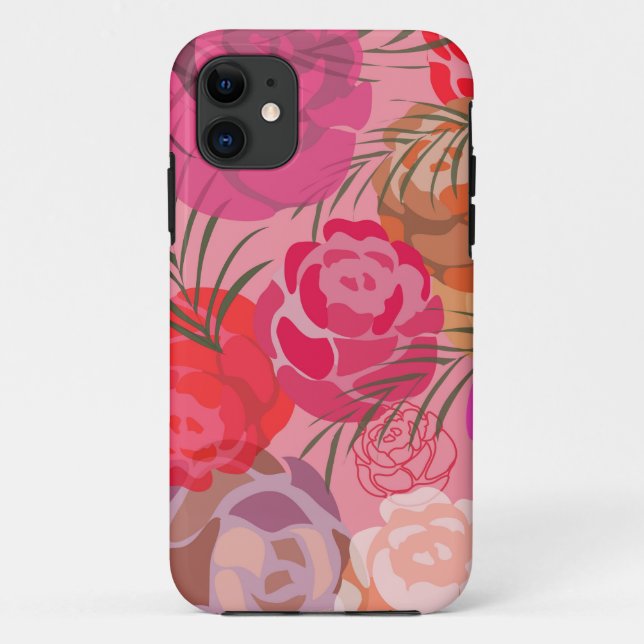 Capa Para iPhone 11 Padrão rosa com flores e plantas (Verso)