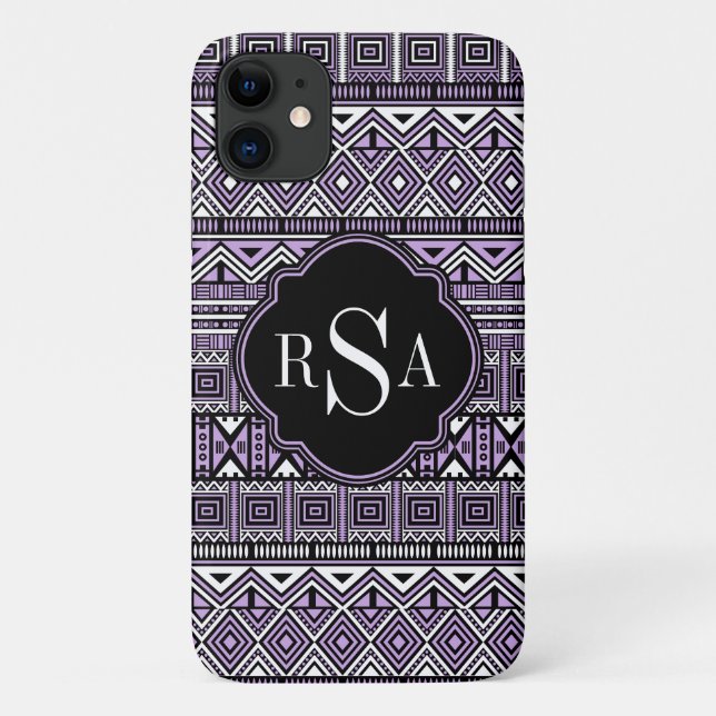 Capa Para iPhone 11 Padrão tribal preto roxo monograma (Verso)