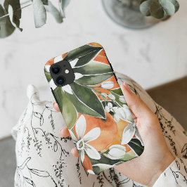 Capa Para iPhone 11 Padrão Tropical Laranja e Flores de Água