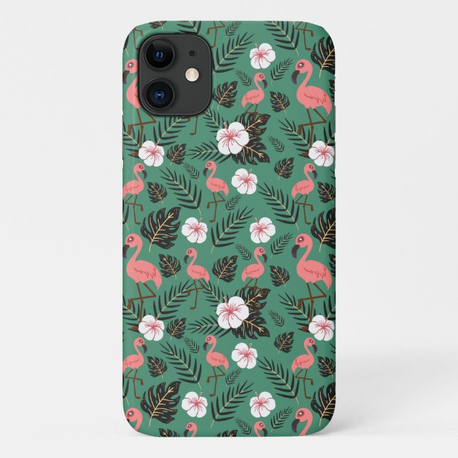 Capa Para iPhone 11 Padrão uniforme Flamingo rosa sobre fundo verde (Verso)