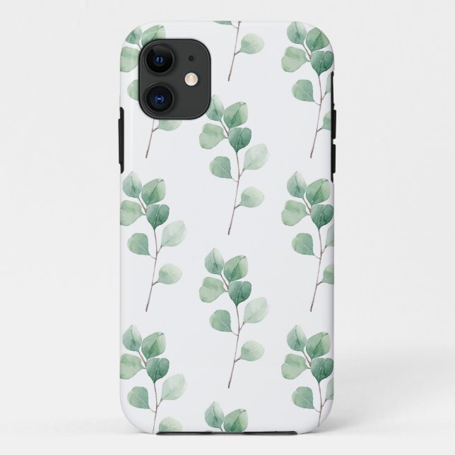 Capa Para iPhone 11 Padrão Verde Eucalyptus Moderno em Watercolor (Verso)