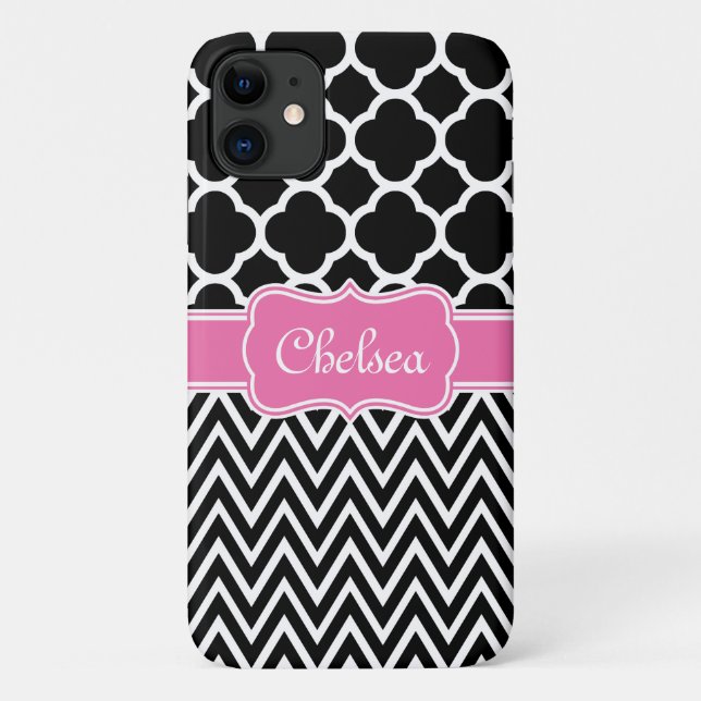 Capa Para iPhone 11 Padrões Pretos de Latência / Cevron Nome Rosa (Verso)