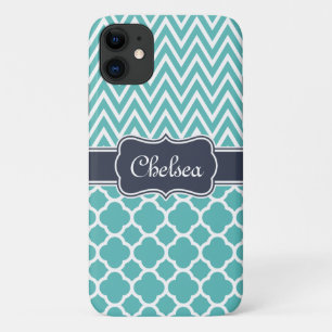Capa Para iPhone 11 Padrões Quatrefoil Azul Brilhante Chevron Nome do