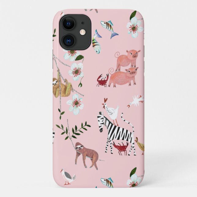 Capa Para iPhone 11 Padrões rosa de animais e zebra (Verso)