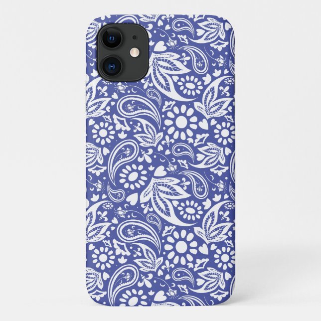 Capa Para iPhone 11 Paisley do White Boho Azul Clássico Padrão (Verso)