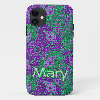 Capa Para iPhone 11 Paisley verde e roxo