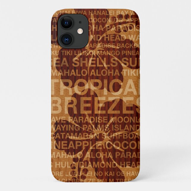 Capa Para iPhone 11 Palavras De Verão Hibiscus Faux Wood Do Havaí (Verso)