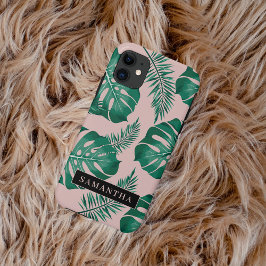 Capa Para iPhone 11 Palma rosa tropical e verde deixa padrão e nome
